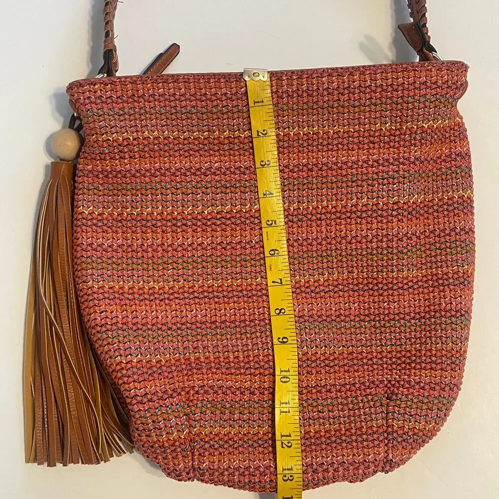 Sondra Roberts Squared Boho Hobo Bag Brown & Orange Multicolor Tassel Braided